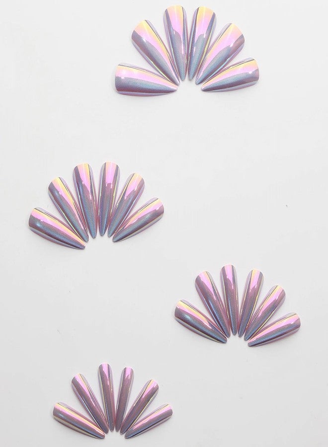 MISUD Press on Nails - Long Stiletto Fake Nails with Purple Chrome, Acrylic Bling Cat Eye Design 24 pcs - Image 3